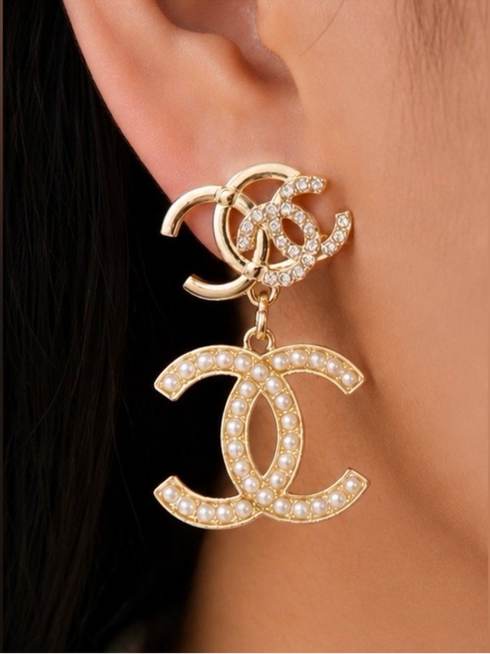 Gold Tone Pearl Rhinestone Interlocking Drop Earrings Statement Jewelry
